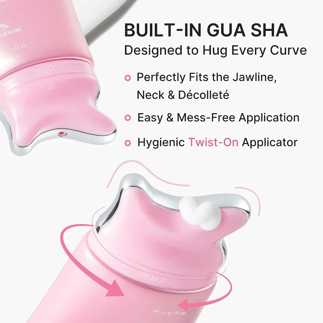 Pink and silver Gua Sha facial massage device shown with promotional text on a white background, highlighting built-in GUA SHA design, jawline/neck/decolletage fit, easy mess-free application, and twist-on applicator.
