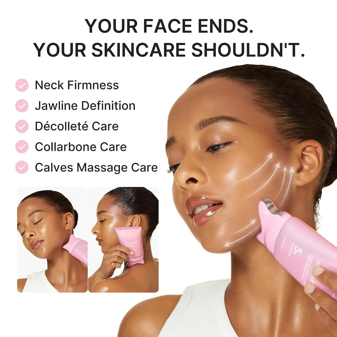 A pink handheld facial and neck skincare device being used on a woman's face and neck, with text listing benefits such as neck firmness, jawline definition, décolleté care, collarbone care, and calves massage care. Two small inset photos show the device on the neck and cheek.