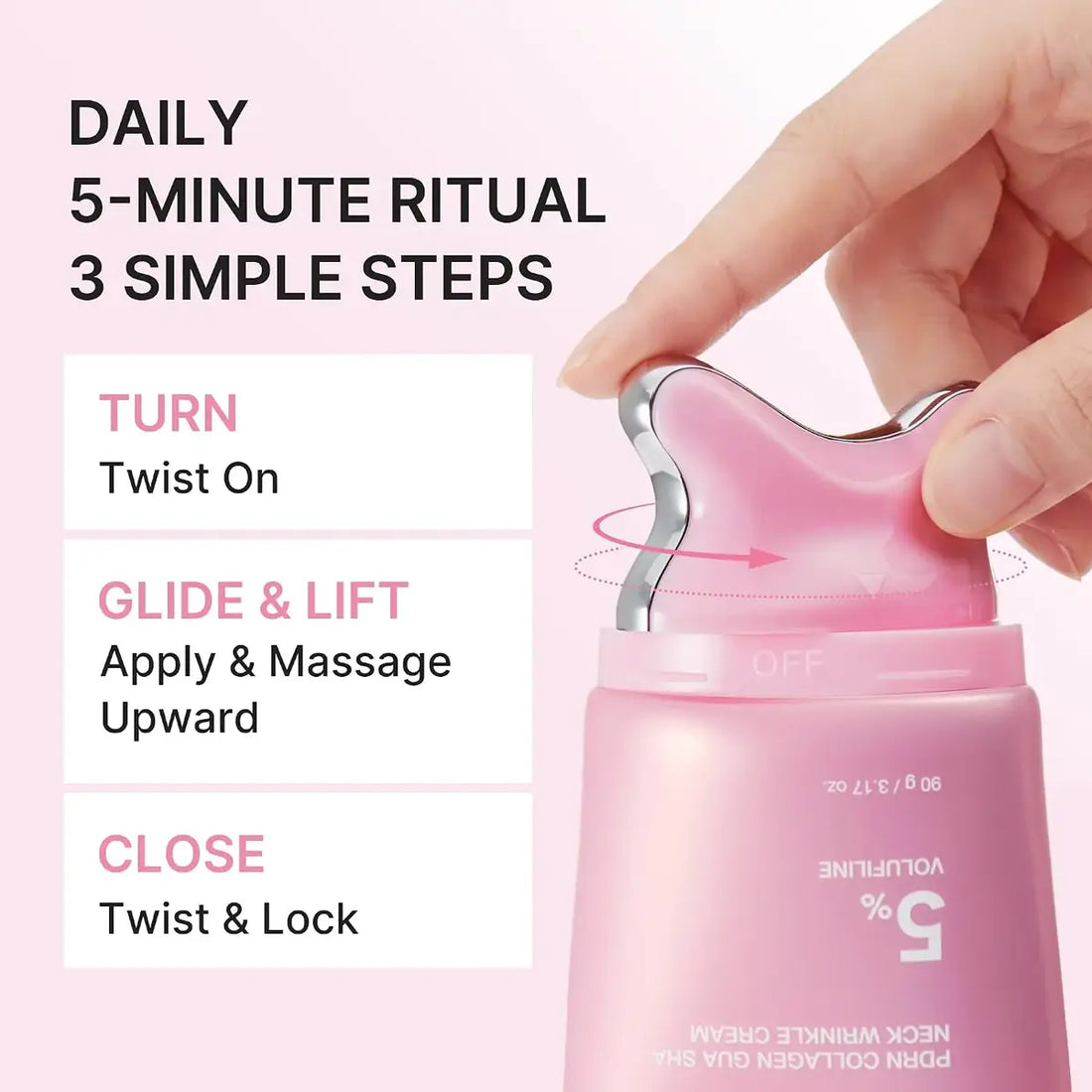 Pink skincare device with hand demonstrating use on a pink background
