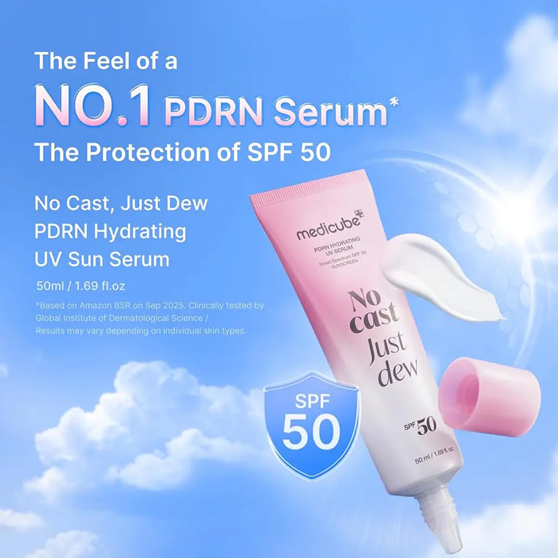 A pink and white tube of medicube PDRN Hydrating UV Sun Serum with a floating white cream dollop and a blue SPF 50 shield badge, set against a blue sky with clouds background and promotional text.