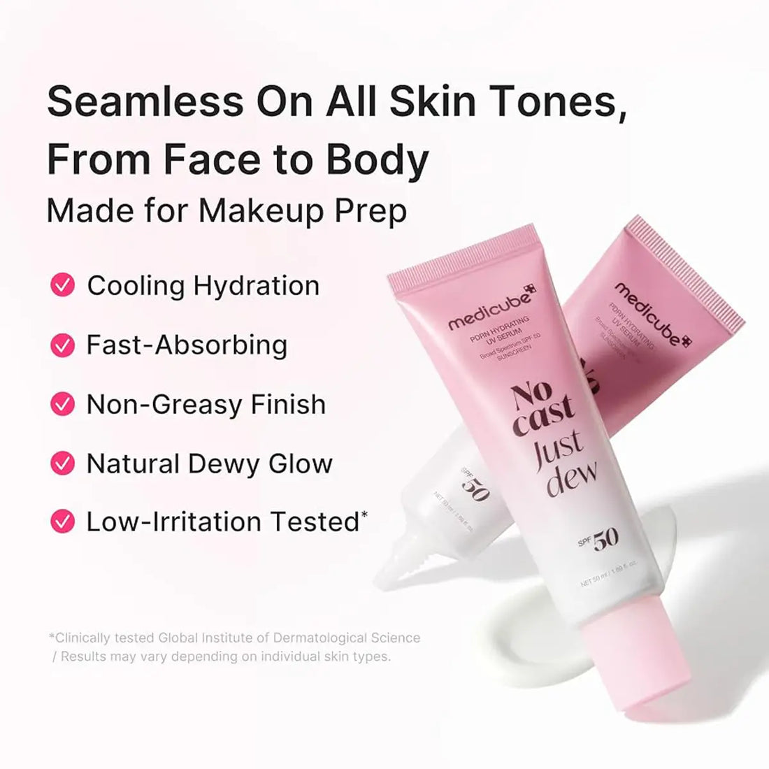 Two pink Medlcube No Cast Just Dew SPF 50 sunscreen tubes displayed on a white background with promotional text highlighting key benefits.
