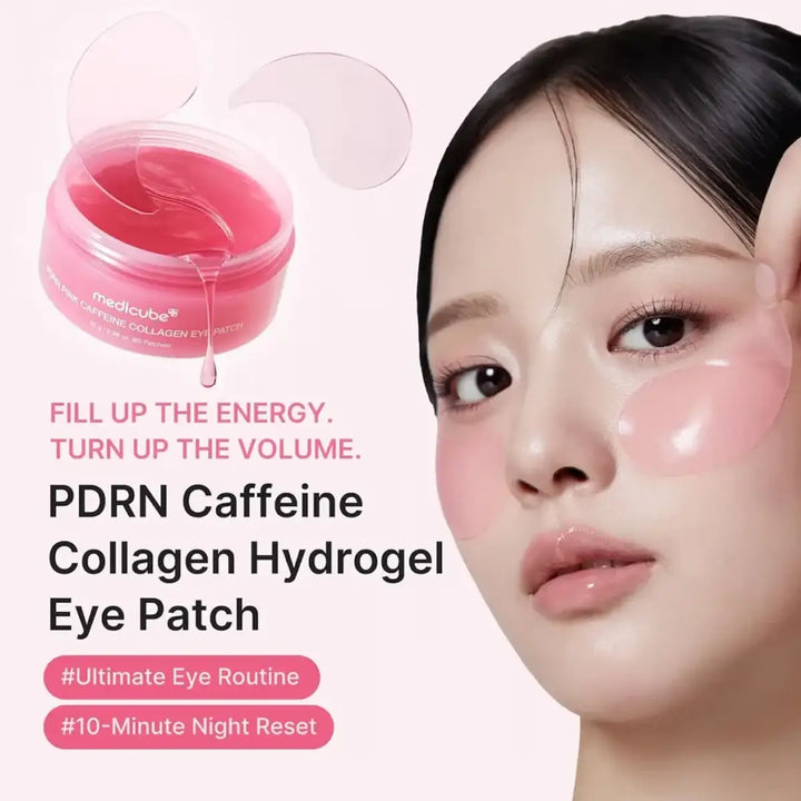 Promotional image of PDRN Caffeine Collagen Hydrogel Eye Patch with a model wearing the patches.