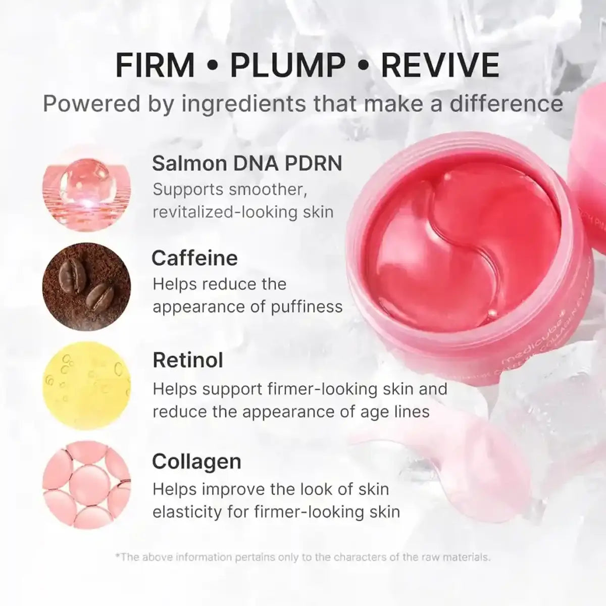 A pink skincare serum or gel jar shown on a white background with text callouts about ingredients: salmon DNA PDRN, caffeine, retinol, and collagen. The jar is open, with pink gel visible, and the image uses marketing claims rather than showing a person or real environment.