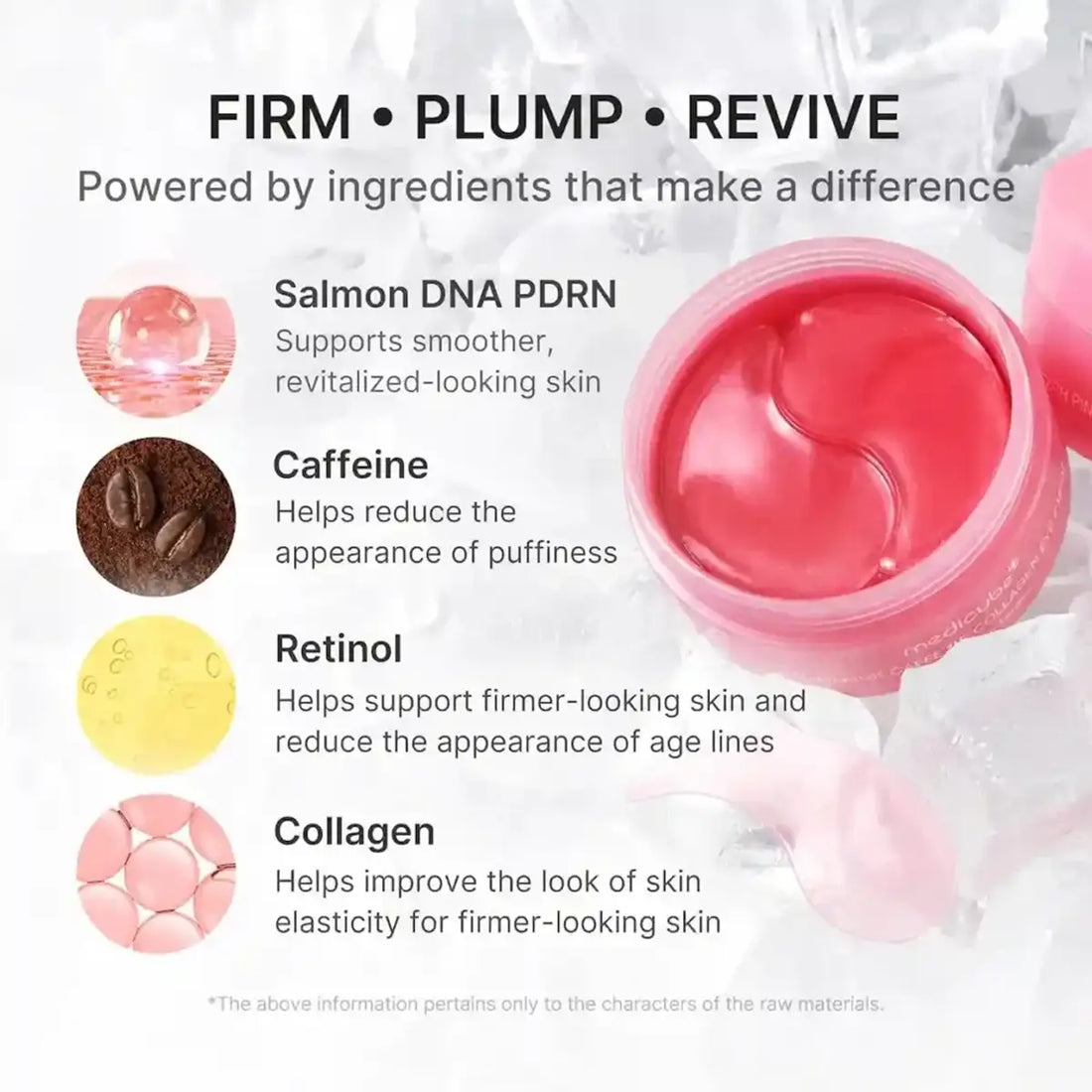 A pink skincare serum or gel jar shown on a white background with text callouts about ingredients: salmon DNA PDRN, caffeine, retinol, and collagen. The jar is open, with pink gel visible, and the image uses marketing claims rather than showing a person or real environment.