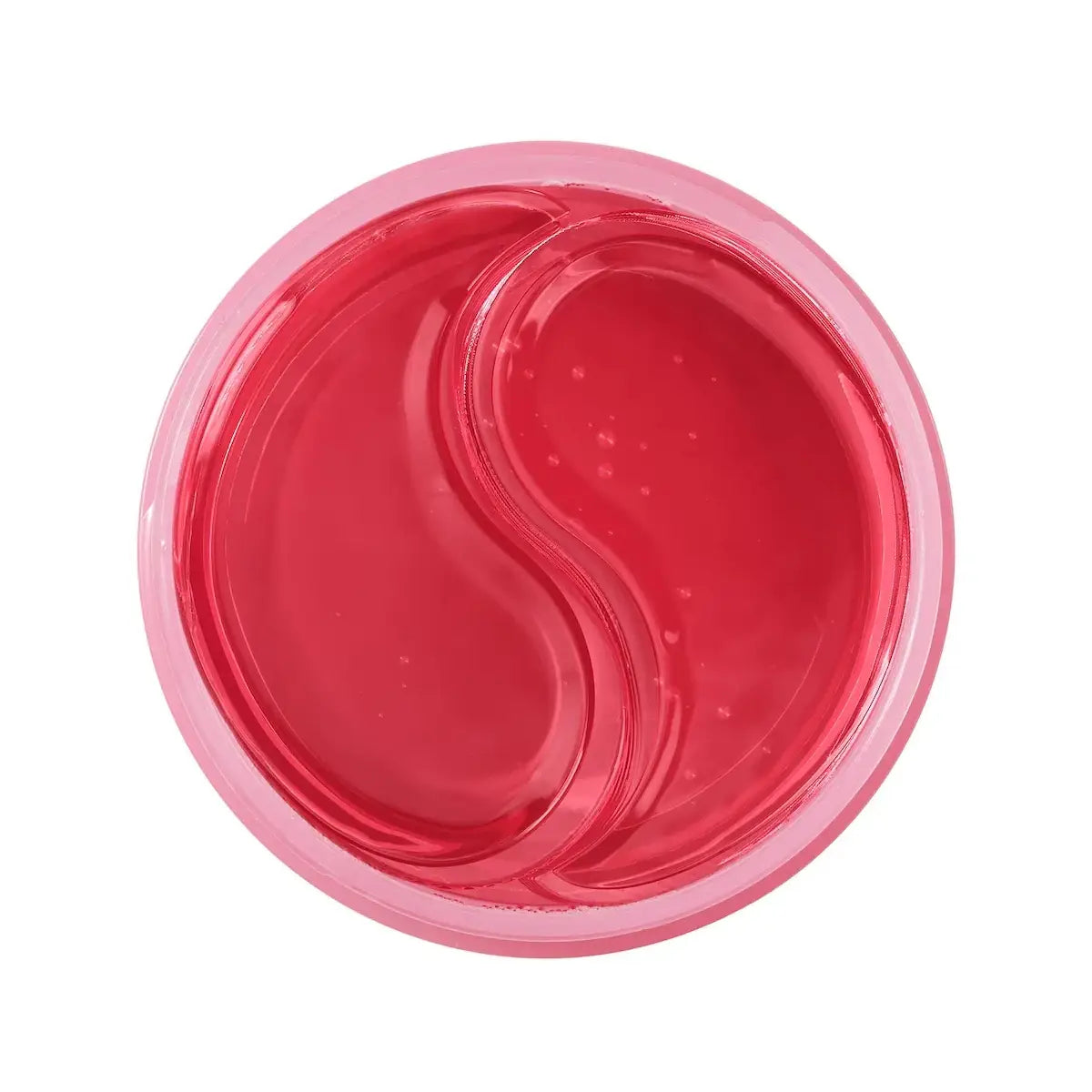 A round pink cosmetic container filled with a translucent red gel or patch, photographed from above on a plain white background.