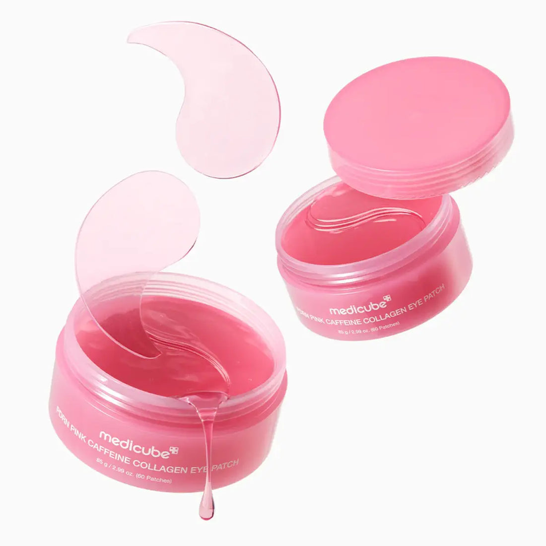 Two pink jars of medlcube Caffeine Collagen Eye Patch with translucent crescent-shaped eye patches floating above, on a clean white background.
