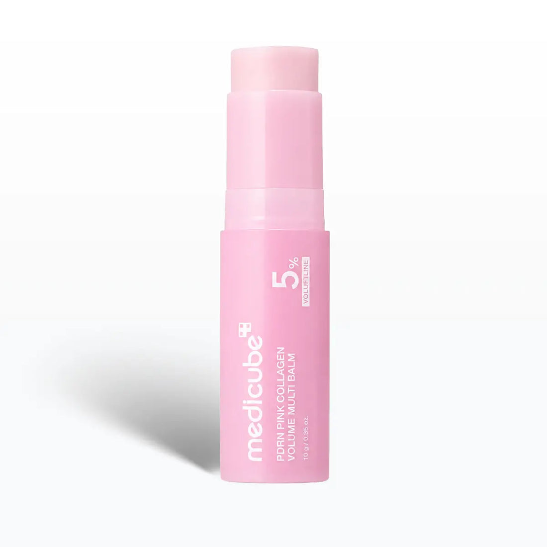 A pink stick container of medicube Skin Pink Collagen 5% serum, shown upright on a clean white background with a soft shadow.