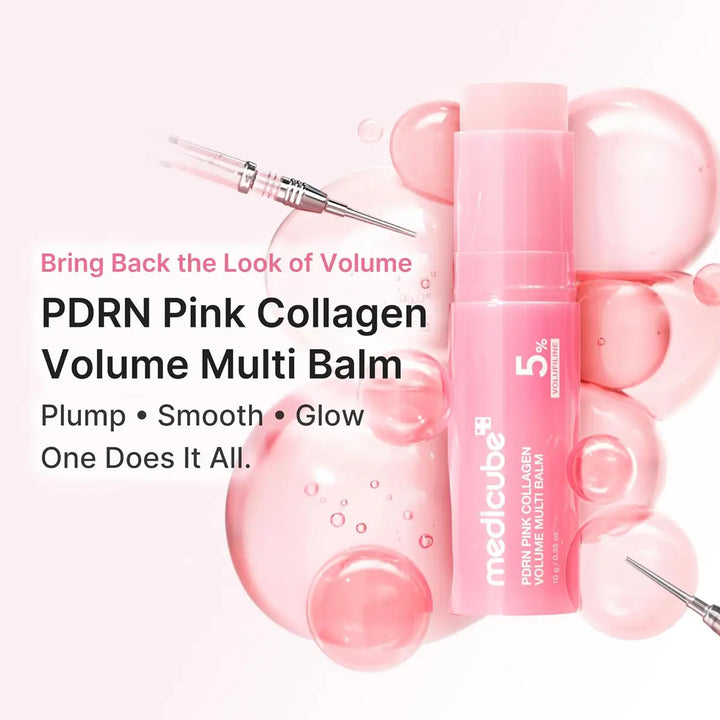Pink collagen volume multi balm with applicators on a white background