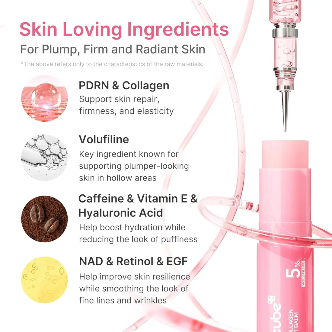 Pink lip balm tube shown on a white background with promotional text listing ingredients such as PDRN & Collagen, Volufilline, Caffeine & Vitamin E, and NAD & Retinol & EGF. A stylized pink dropper and curved clear tube elements surround the product.