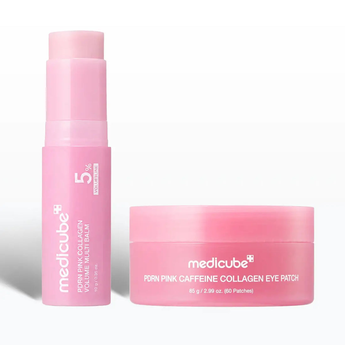 Medicube PORN Pink Collagen Volume Multi Balm stick and a matching pink jar of PORN Pink Caffeine Collagen Eye Patch on a white background.