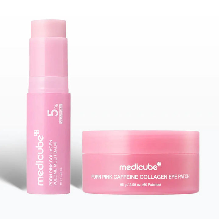 Medicube PORN Pink Collagen Volume Multi Balm stick and a matching pink jar of PORN Pink Caffeine Collagen Eye Patch on a white background.