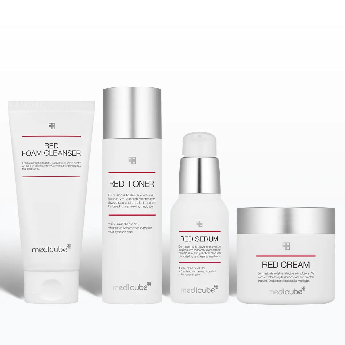 Medicube Red Line Full Set with Red Solution Kit Bundle including foam cleanser, toner, serum, and cream.