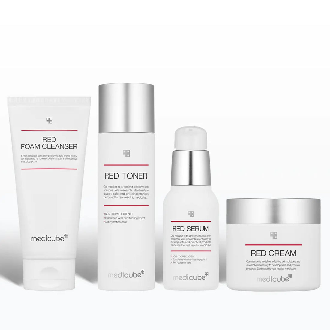 Medicube Red Line Full Set with Red Solution Kit Bundle including foam cleanser, toner, serum, and cream.