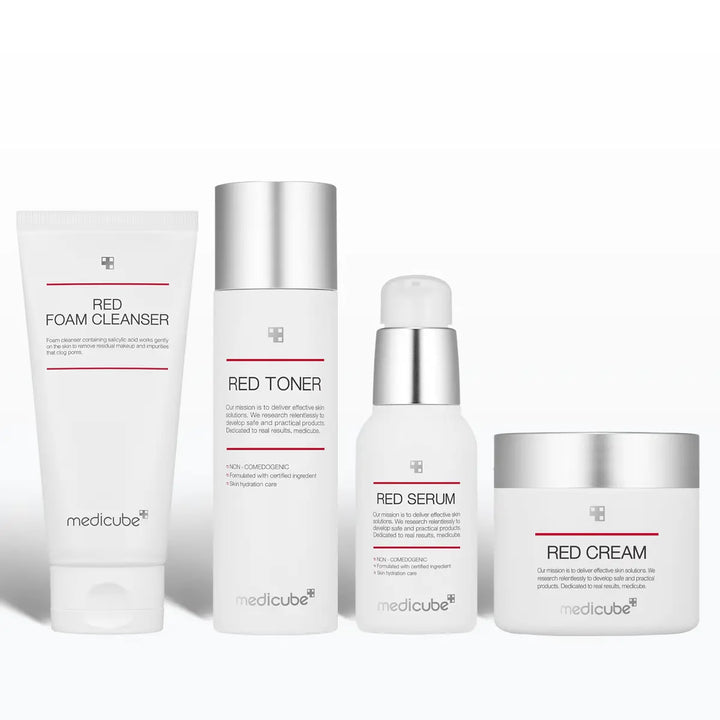 Medicube Red Line Full Set with Red Solution Kit Bundle including foam cleanser, toner, serum, and cream.