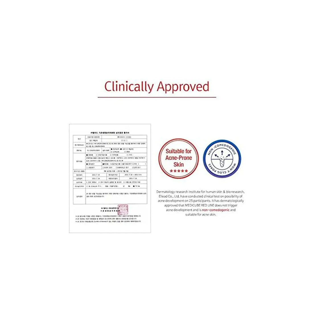 Clinically approved label for Medicube Red Line Full Set with Red Solution Kit Bundle, suitable for acne-prone skin.