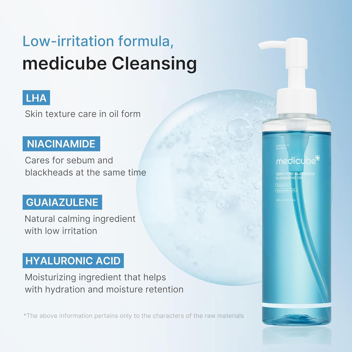 Medicube Cleansing Oil with low-irritation formula, featuring LHA, Niacinamide, Guaiazulene, and Hyaluronic Acid.