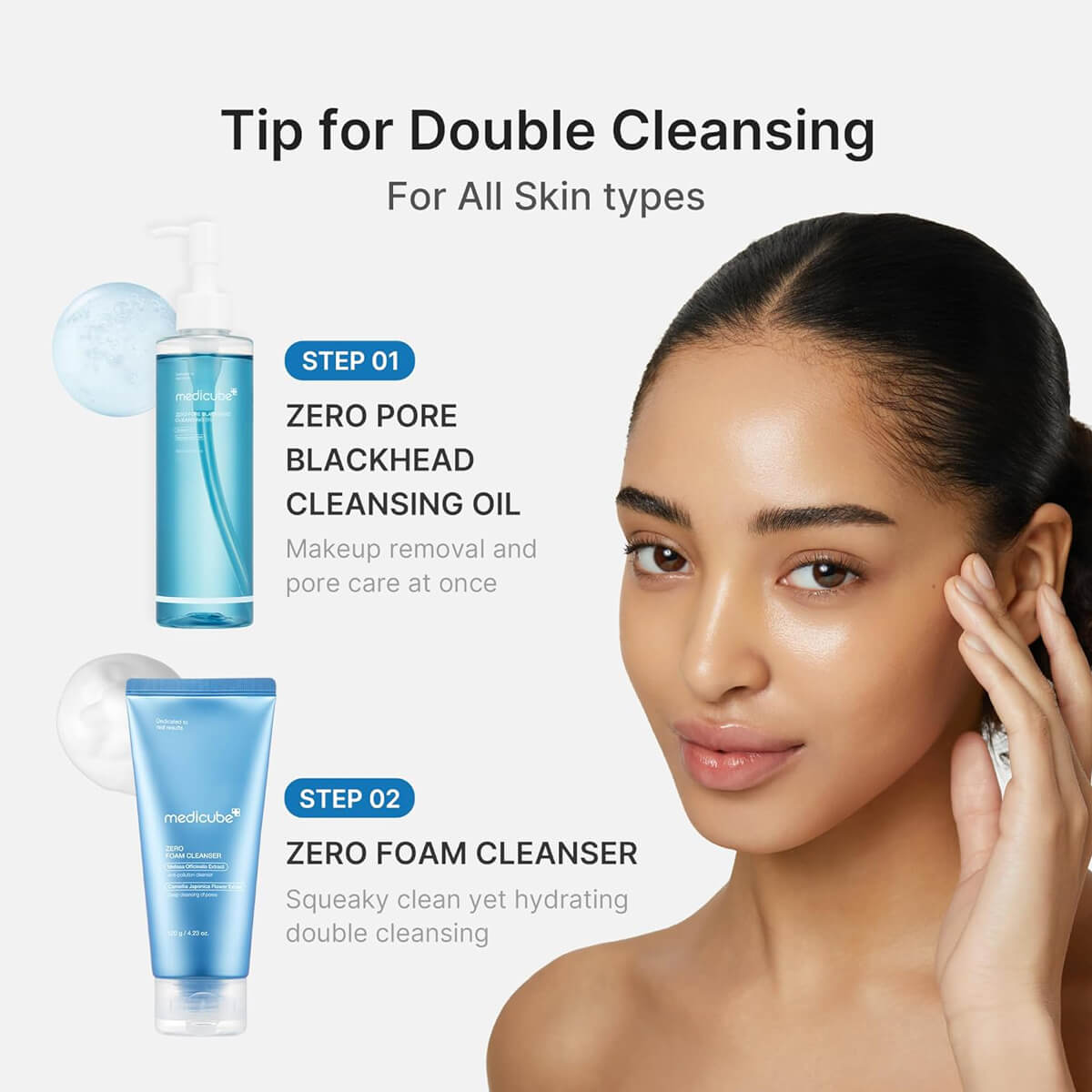 Tip for double cleansing with ZERO PORE BLACKHEAD CLEANSING OIL and Medicube Cleansing Oil, suitable for all skin types.