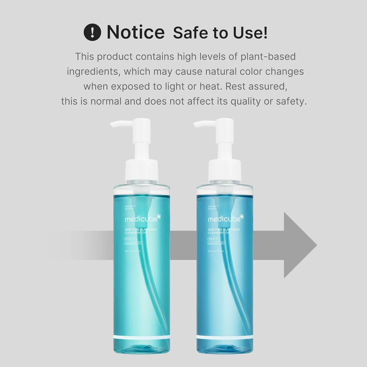 Medicube Cleansing Oil notice highlighting safe use and natural color changes due to plant-based ingredients.