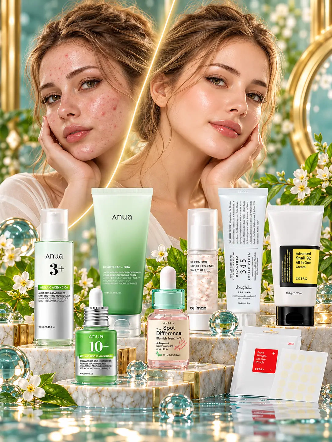 A skincare set from the brand Anua, featuring multiple bottles and tubes arranged on marble pedestals with flowers and water. The set includes products like Anua 3+, Anua 10+, Spot Correction, and Dr.