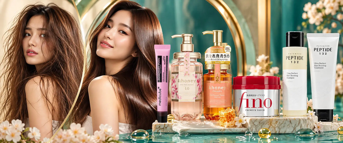 A beauty product lineup displayed on a marble tray in front of two women with long brown hair, set against a teal and gold background with flowers. Visible products include shower and body care items such as a pink tube, peach pump bottle, amber bottle with gold cap, white bottle labeled PEPTIDE 132, and a red jar labeled fino.