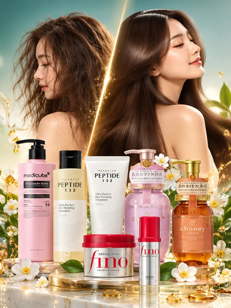 A group of beauty products arranged on a gold tray in front of two women with long brown hair, surrounded by white flowers. The products include a pink Medcube shampoo, a beige Peptide 132 cream bottle, a white Peptide 132 toner tube, a pink toner bottle, a red Fino body butter jar, a silver Fino serum bottle, and an amber honey bottle.