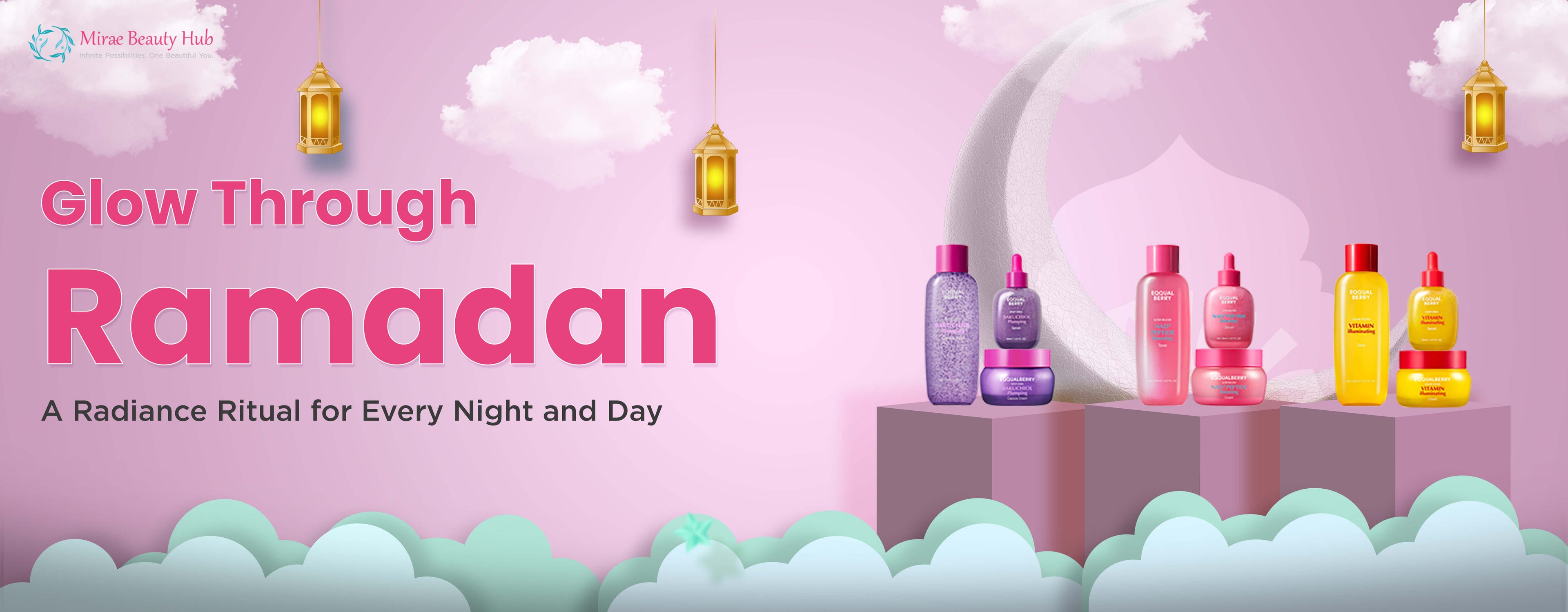 Promotional banner for 'Glow Through Ramadan' with skincare products on a pink background.
