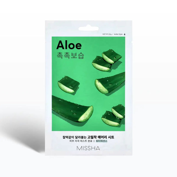 Missha Airy Fit Sheet Mask Aloe 19g packaging featuring aloe slices on a green background.