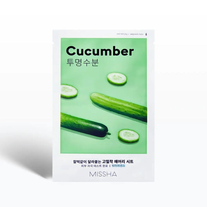 Missha Airy Fit Sheet Mask Cucumber 19g packaging with cucumber slices for hydrating skincare.