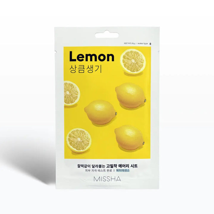 Missha Airy Fit Sheet Mask Lemon 19g packaging with lemons, brightening skincare essence, vibrant and refreshing design.
