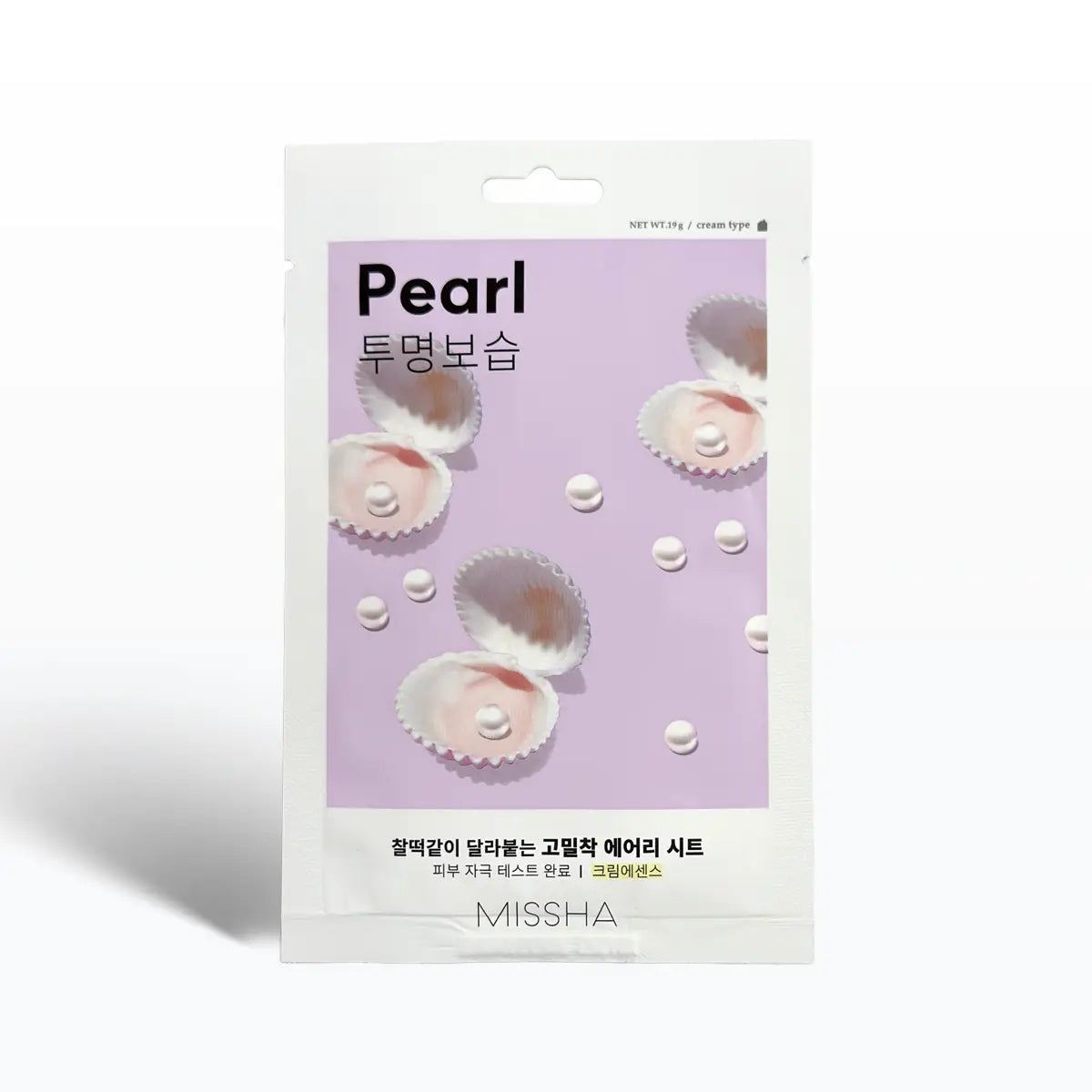 Missha Airy Fit Sheet Mask Pearl 19g packaging featuring pearl design and vibrant colors.