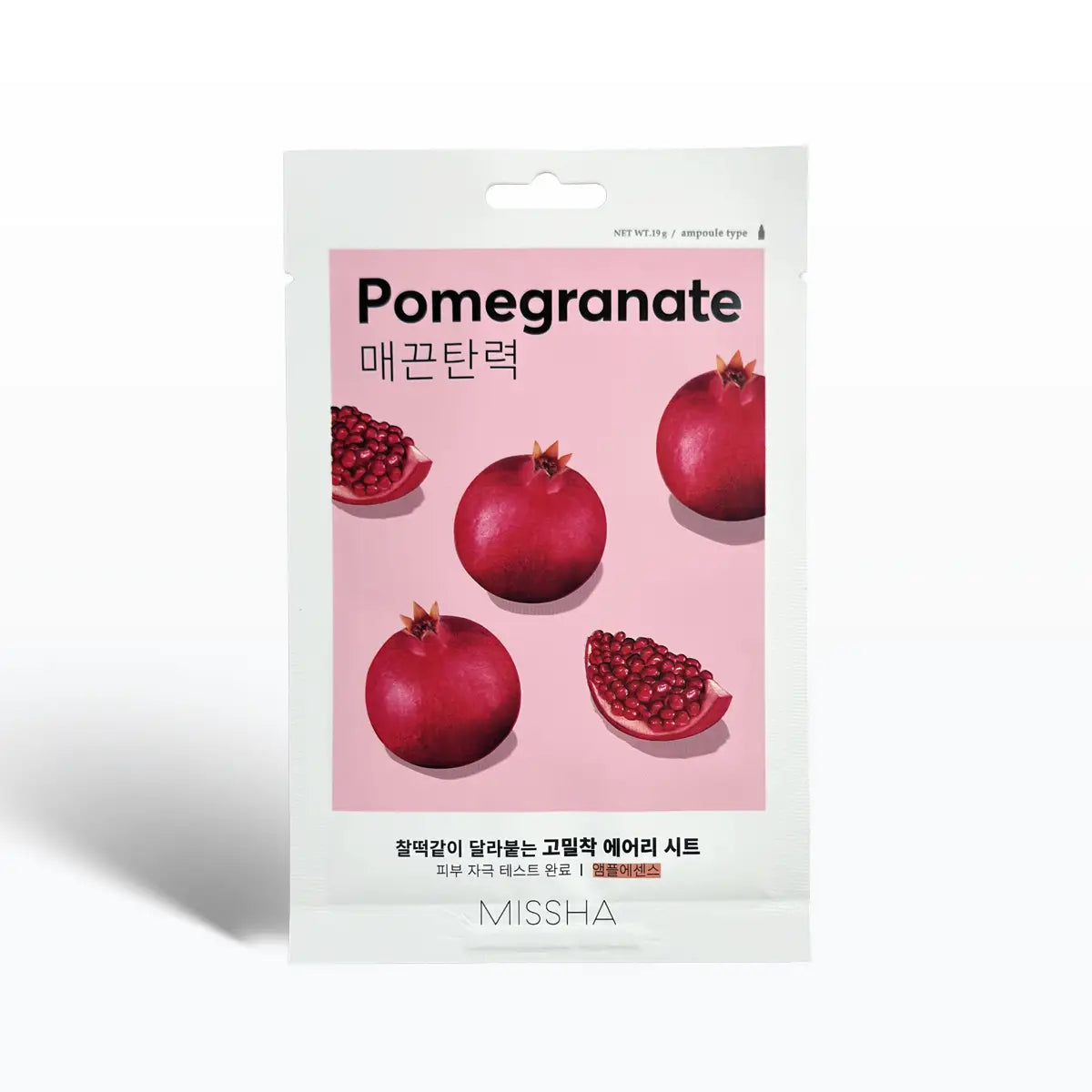 Missha Airy Fit Sheet Mask Pomegranate 19g packaging showcasing pomegranate graphics for skincare benefits.