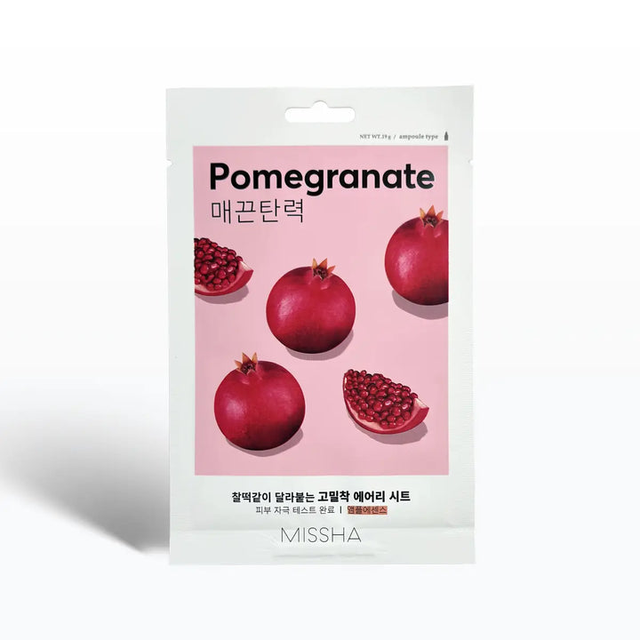 Missha Airy Fit Sheet Mask Pomegranate 19g packaging showcasing pomegranate graphics for skincare benefits.