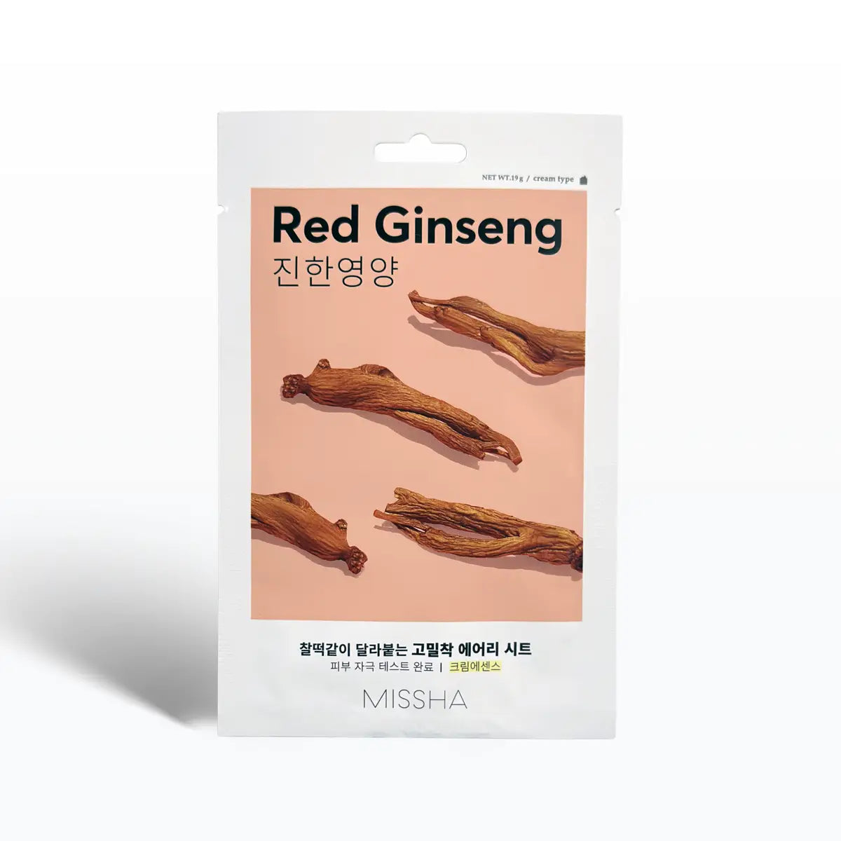 Missha Airy Fit Sheet Mask Red Ginseng 19g packaging featuring Red Ginseng root on a pink background.