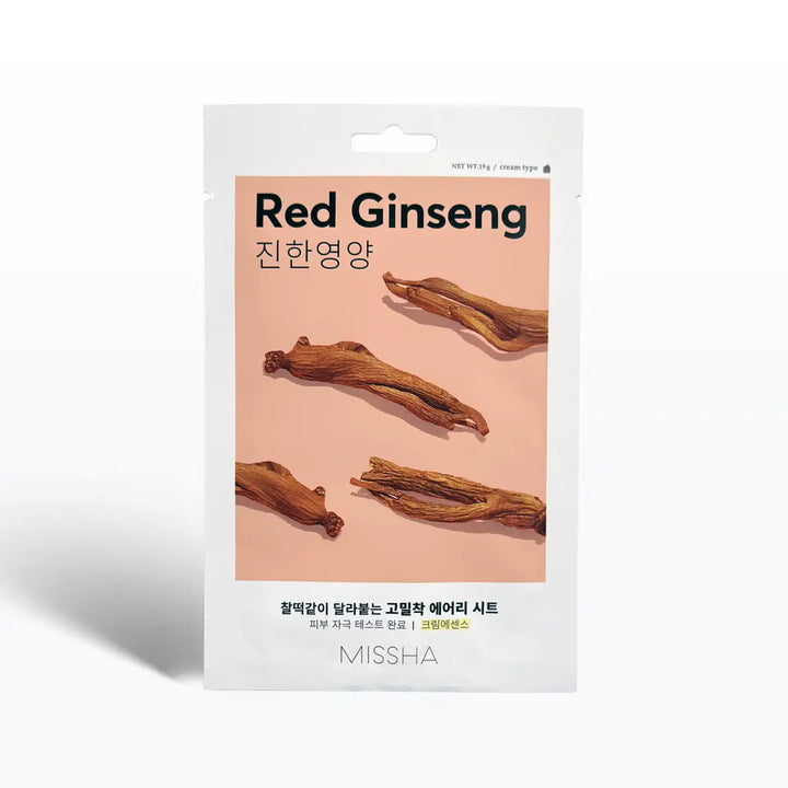 Missha Airy Fit Sheet Mask Red Ginseng 19g packaging featuring Red Ginseng root on a pink background.