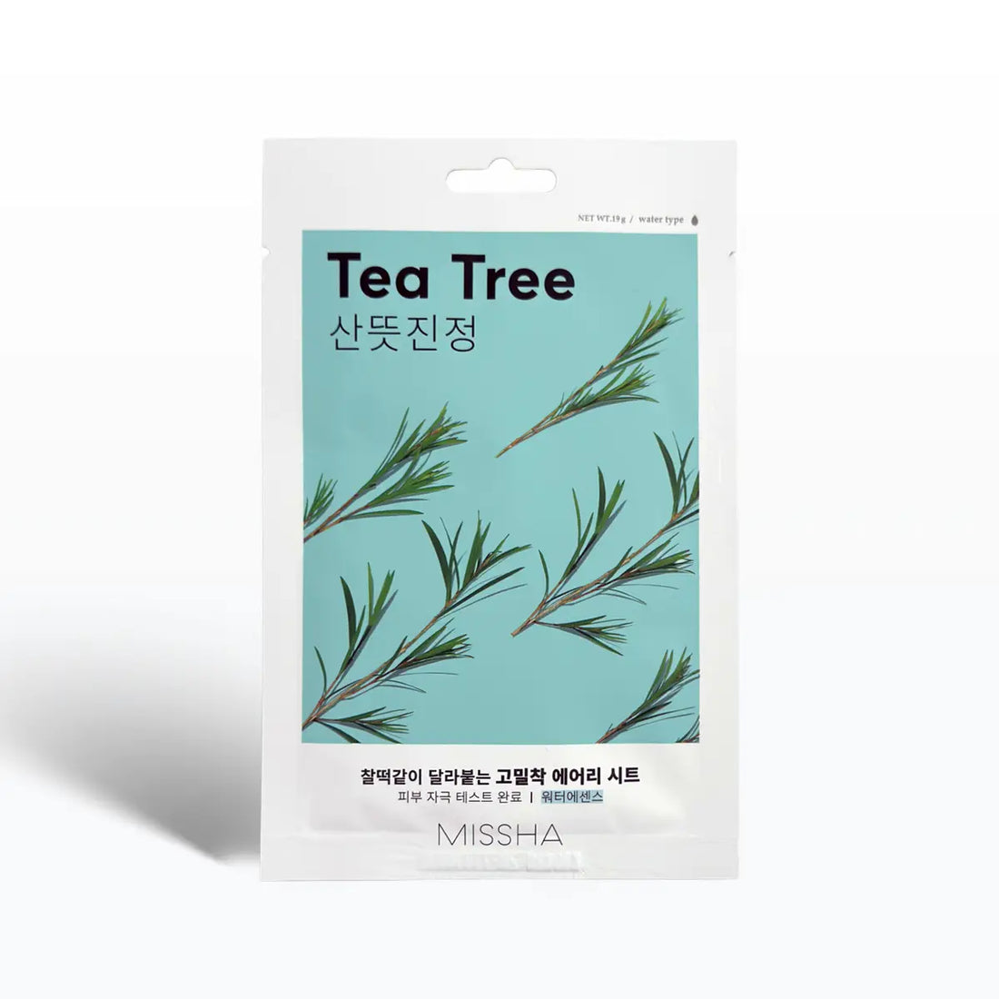 Missha Airy Fit Sheet Mask Tea Tree 19g packaging with tea tree leaves design.