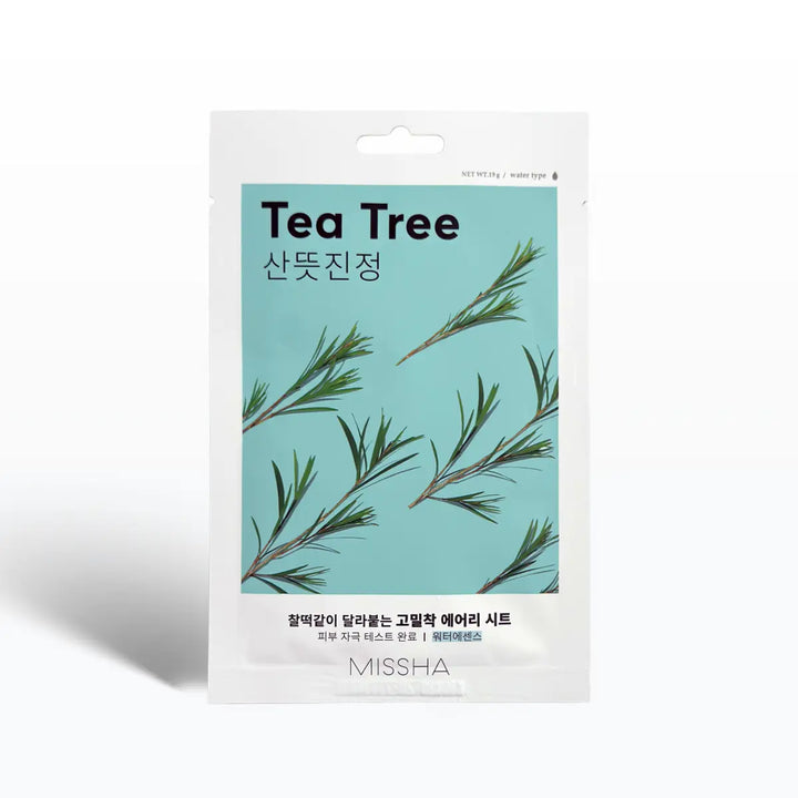 Missha Airy Fit Sheet Mask Tea Tree 19g packaging with tea tree leaves design.