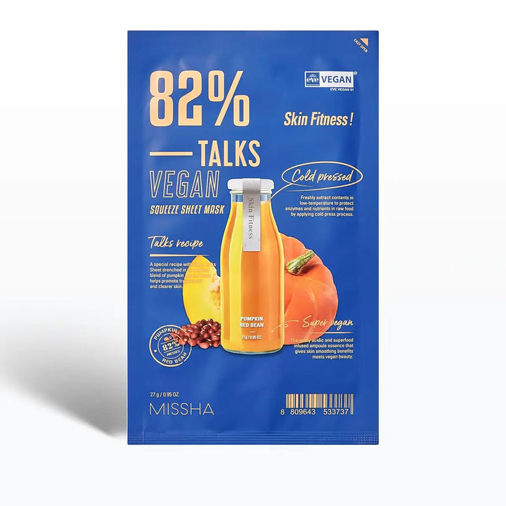 Missha Talks Vegan Squeeze Sheet Mask Skin Fitness 27g packaging with vibrant design and eco-friendly focus.