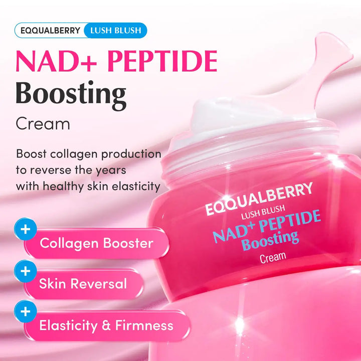 Pink NAD+ Peptide Boosting Cream jar with text on a pink background