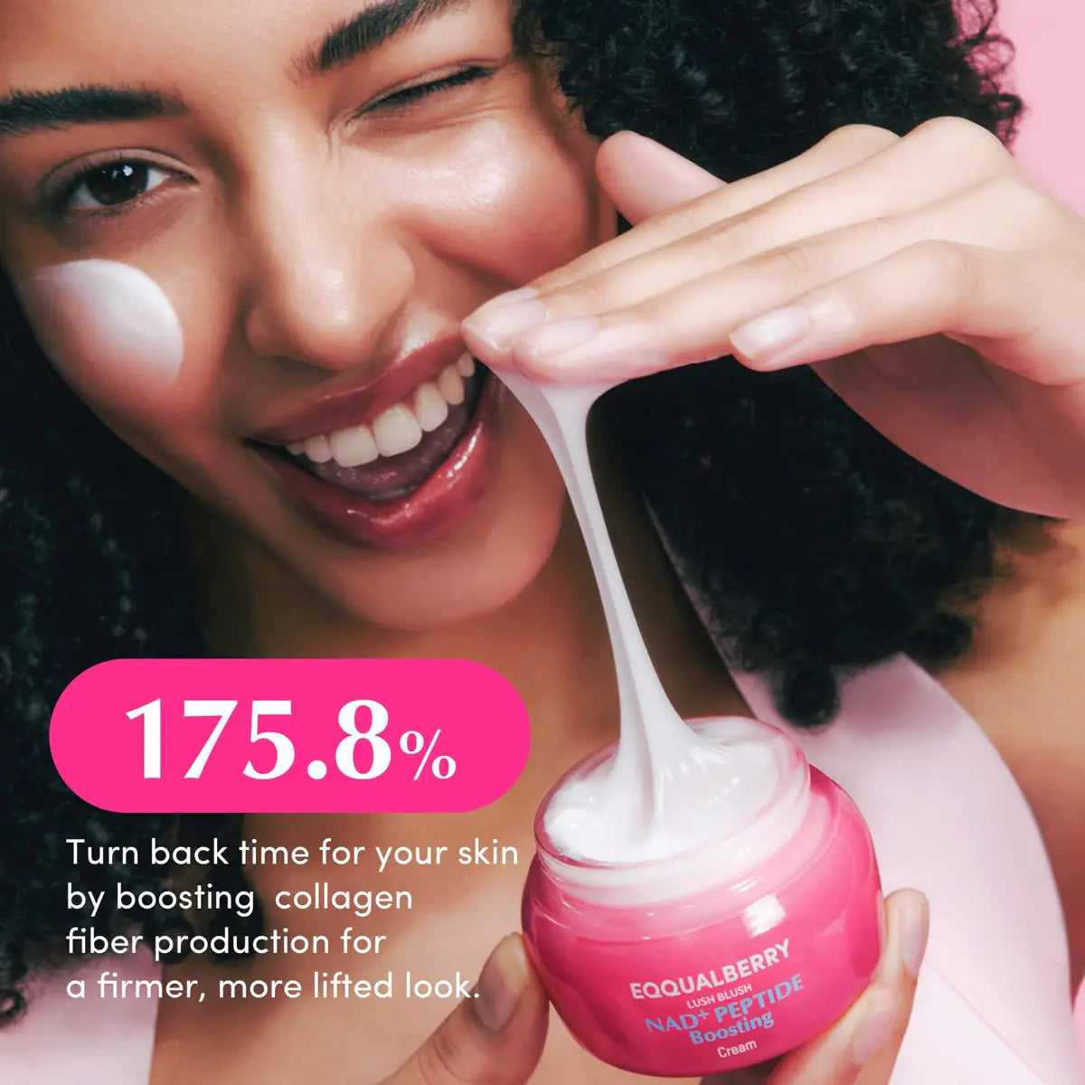 Woman applying Eqqualberry NAD+ Peptide Boosting Cream to her face with text about collagen benefits.