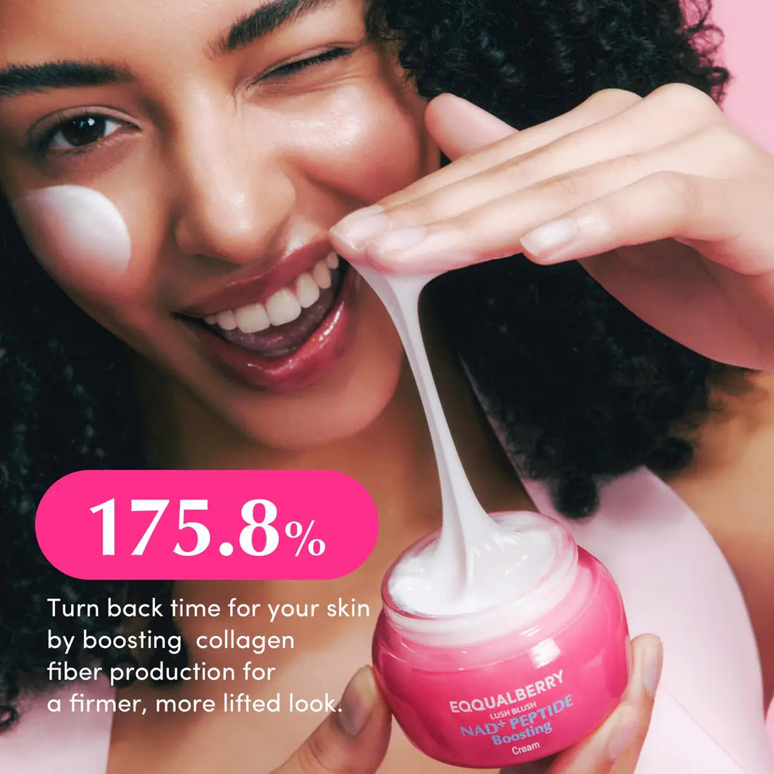 Woman applying Eqqualberry NAD+ Peptide Boosting Cream to her face with text about collagen benefits.