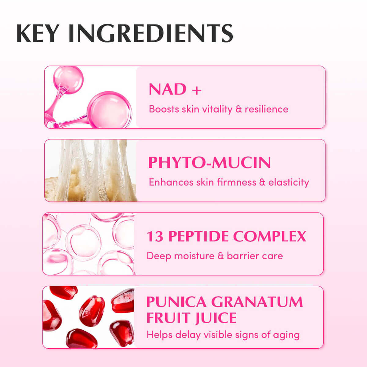 List of key ingredients with visual representations on a pink background