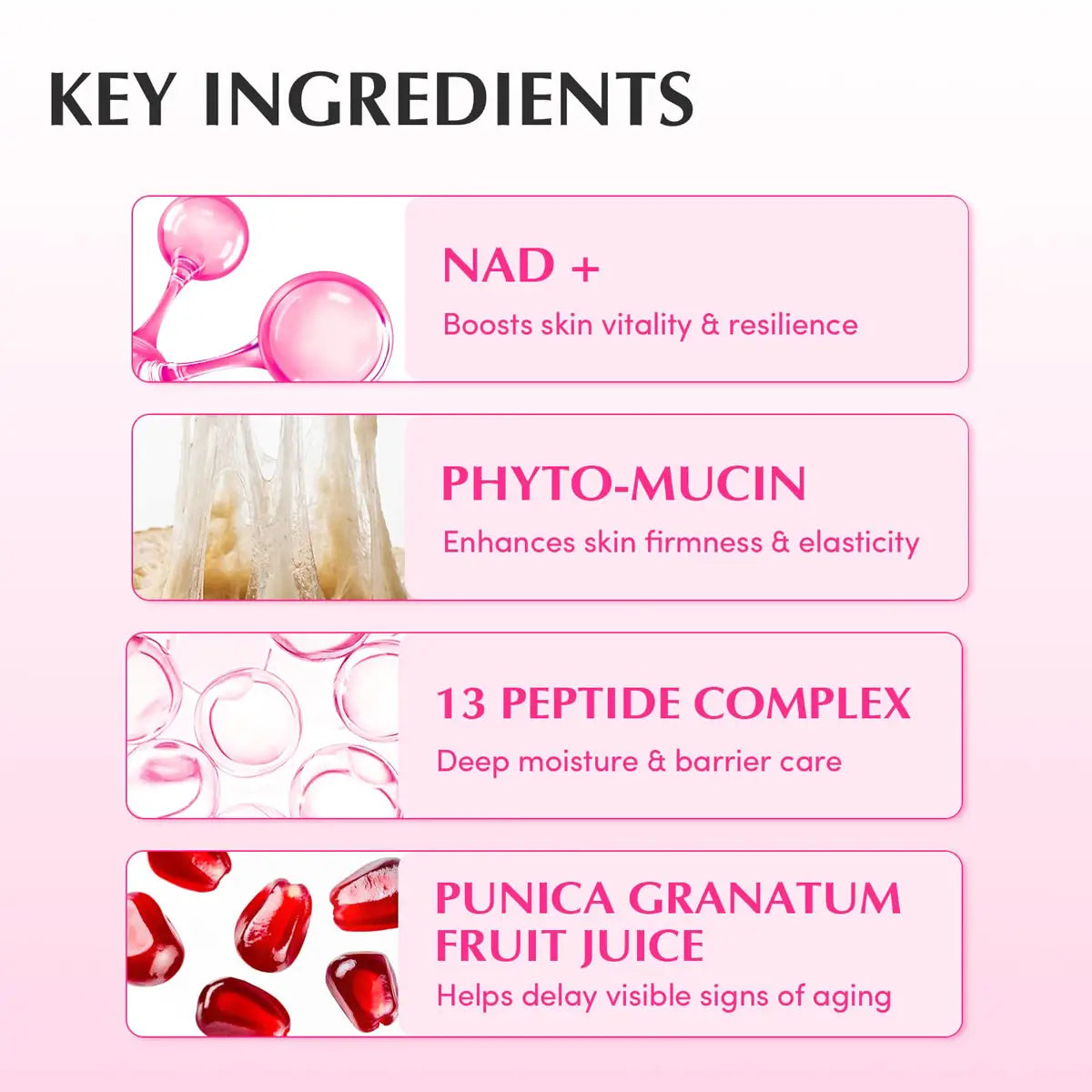 List of key ingredients with corresponding images and descriptions on a pink background