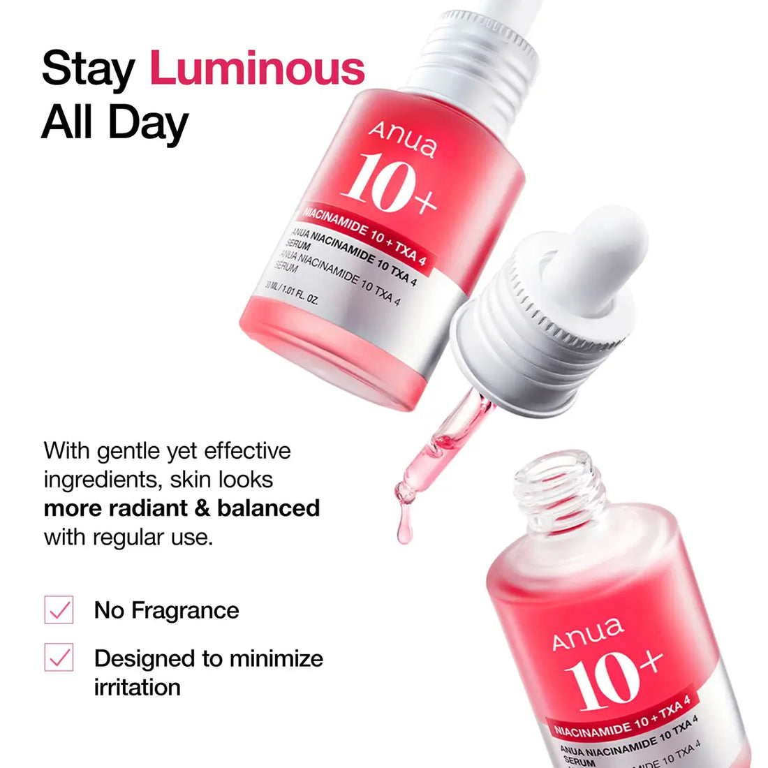 Anua 10+ skincare serum bottle with dropper on a white background