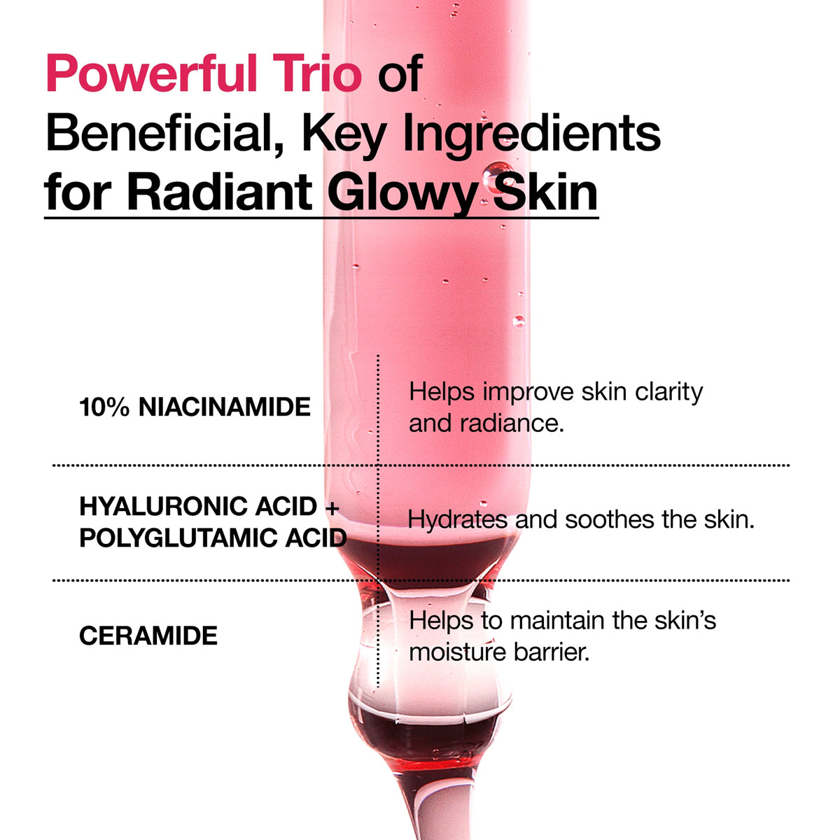 Product with text detailing beneficial ingredients for skin on a white background