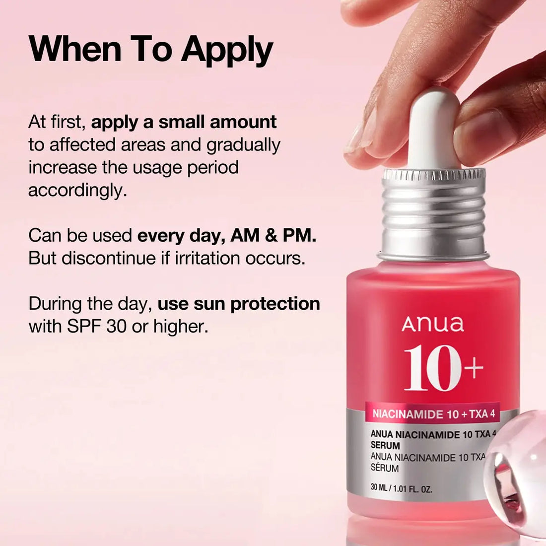 Anua niacinamide 10 TXA 4 serum bottle with usage instructions on a pink background