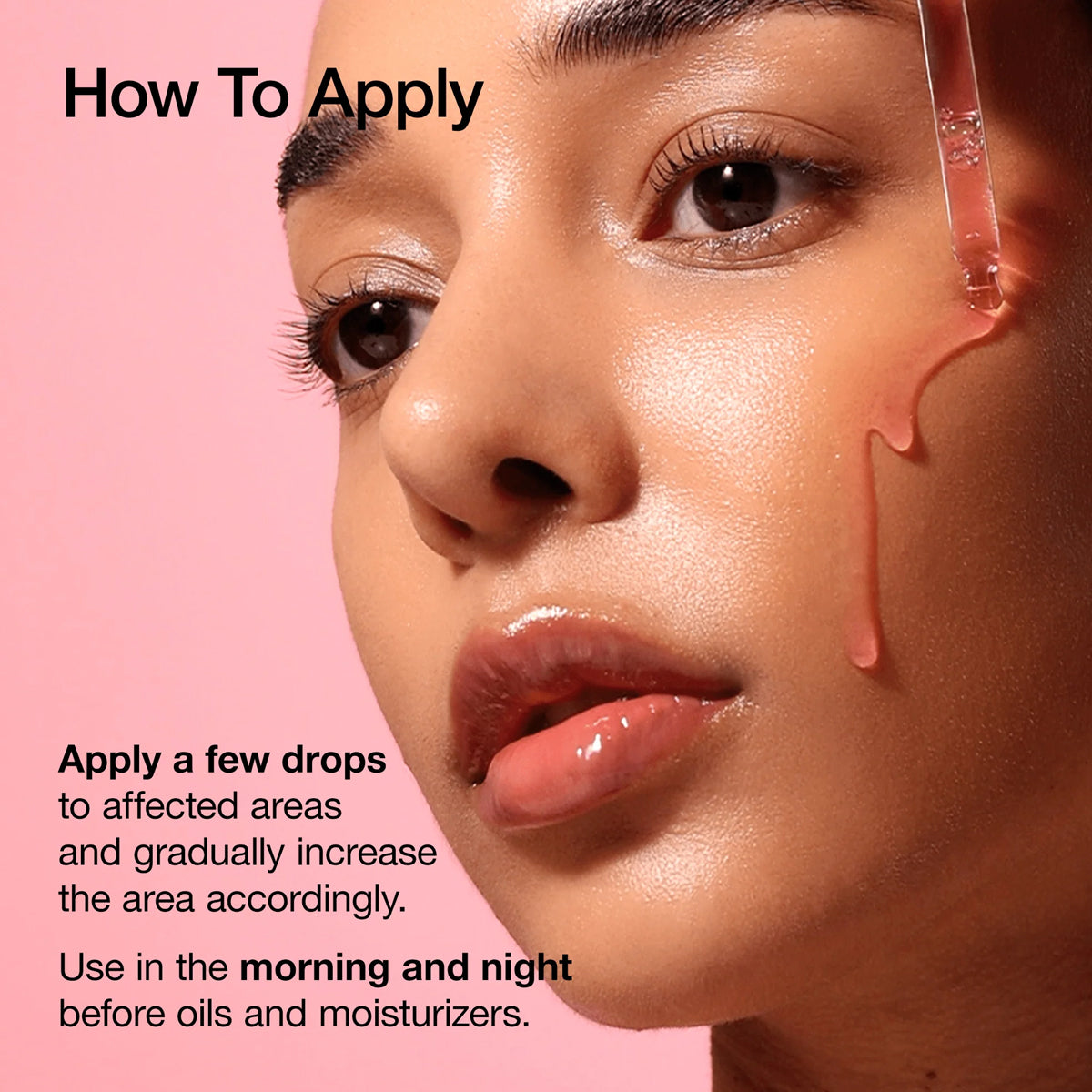 Close-up of a woman's face with text on how to apply a product, against a pink background.