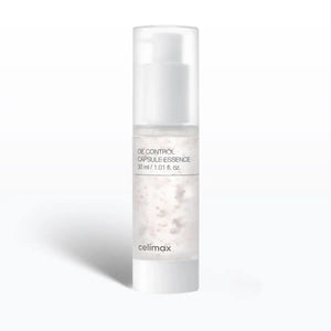 Skincare bottle labeled 'Oil Control Capsule Essence' by 'celimax' on a white background