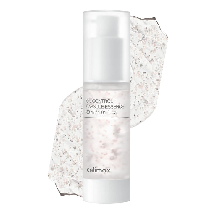 Oil control capsule essence bottle with 'celimax' branding on a white background