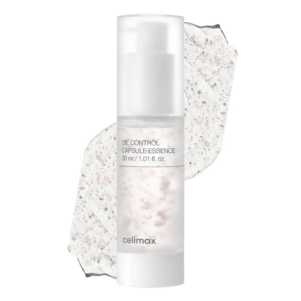 Oil control capsule essence bottle with white cap and textured white packaging on a white background