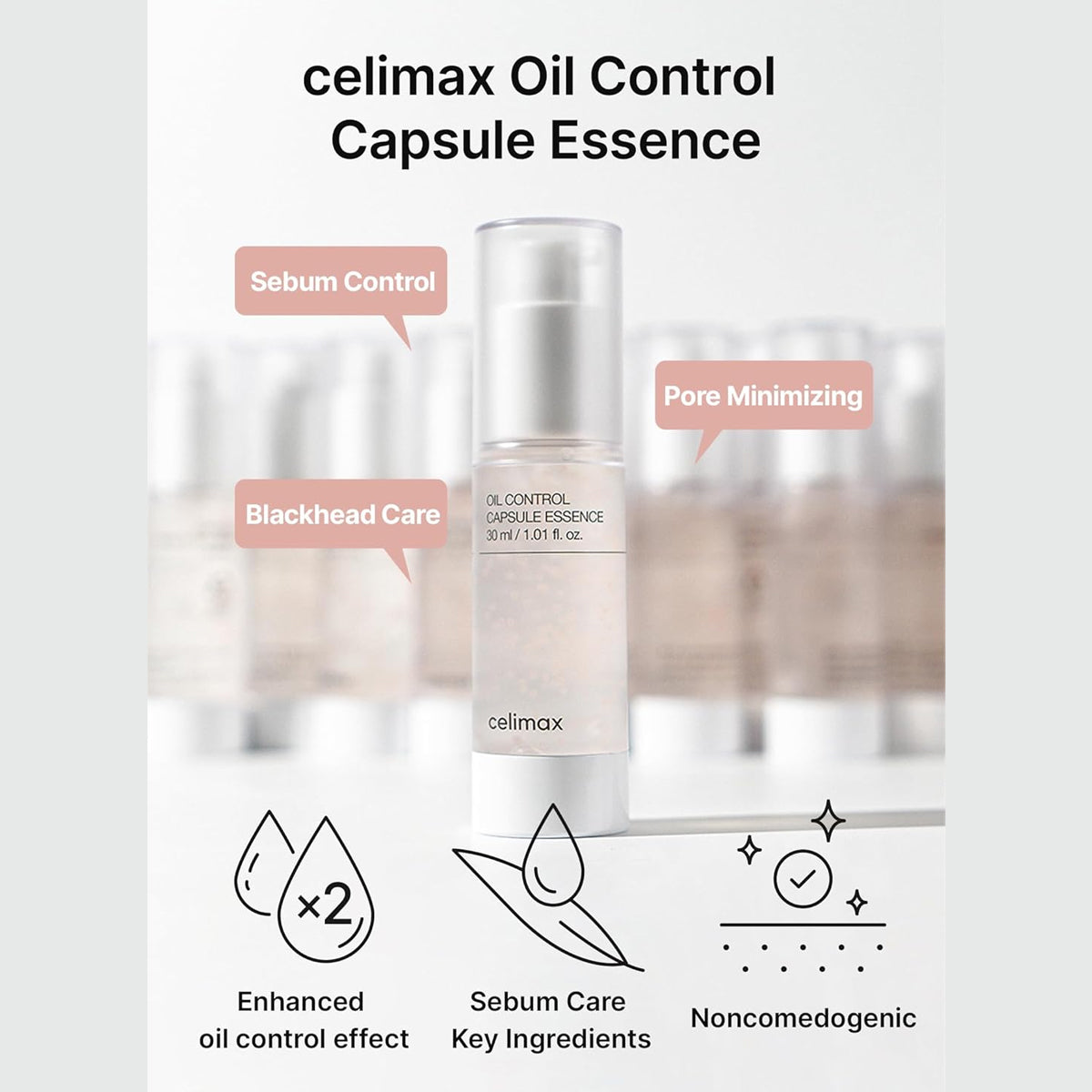 celimax Oil Control Capsule Essence bottle with features highlighted on a light gray background